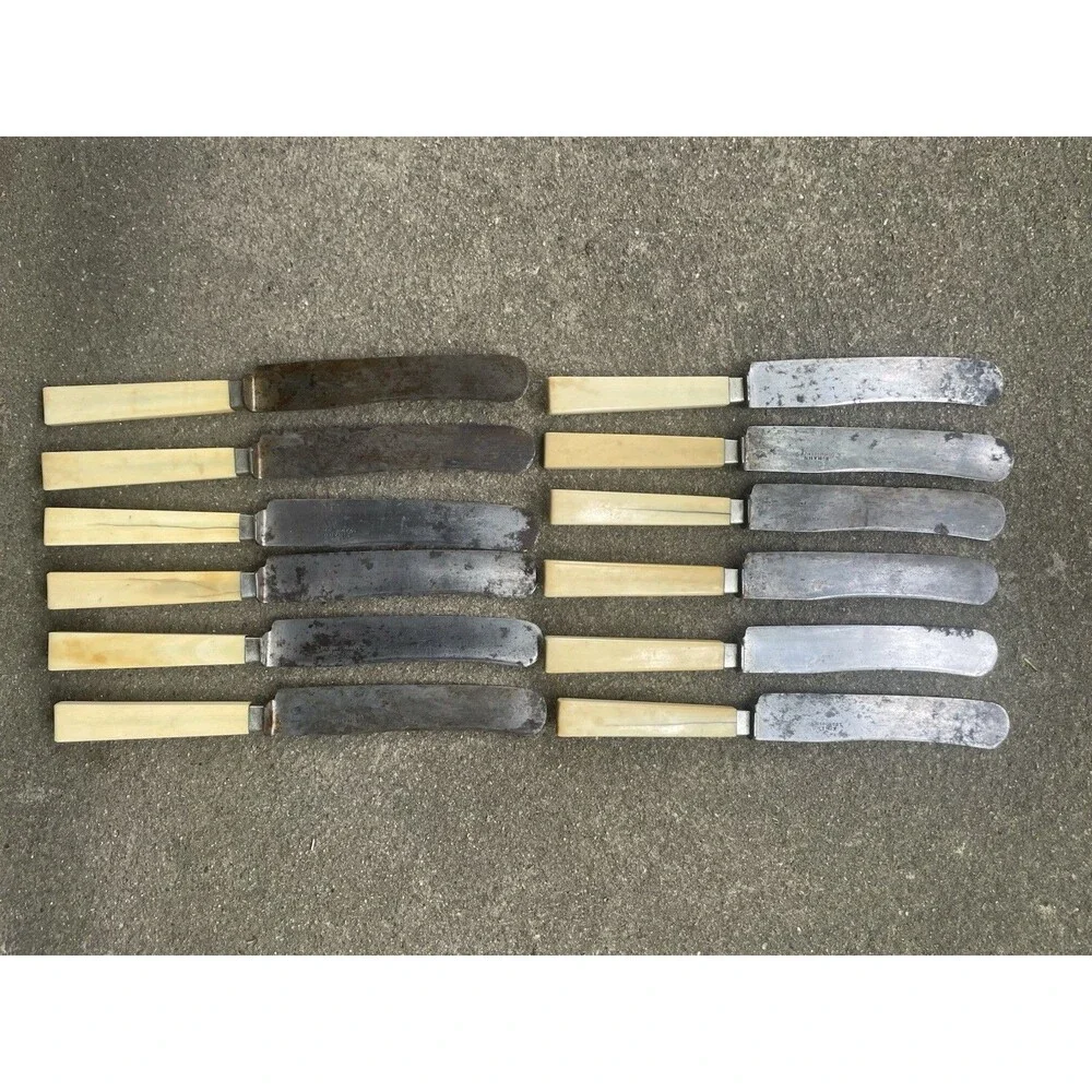 12 Antique Eugen Hahn Ludwigsburg German Dinner Knives Carbon Steel Bone Handle